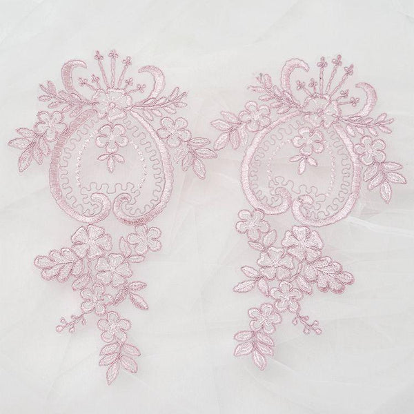 Embroidered Floral Lace Applique Pair: Bridal Gown Embellishment
