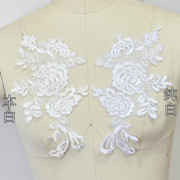 Embroidered Floral Lace Applique Pair for Bridal Gown