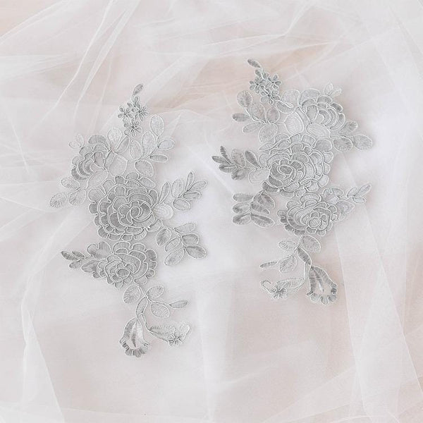 Embroidered Floral Lace Applique Pair for Bridal Gown