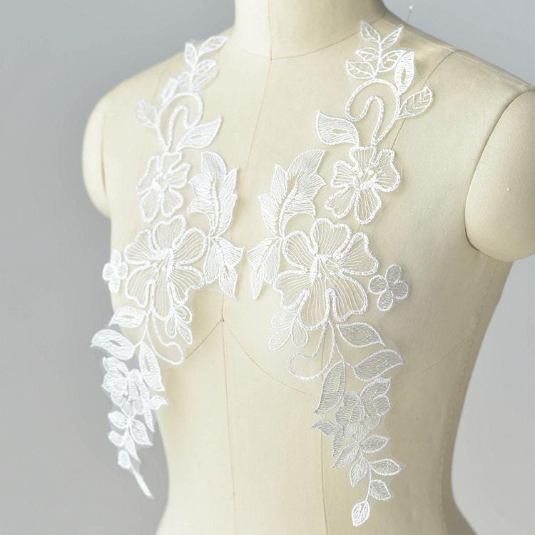 Embroidered Floral Lace Applique Pair: Bridal Gown Embellishment