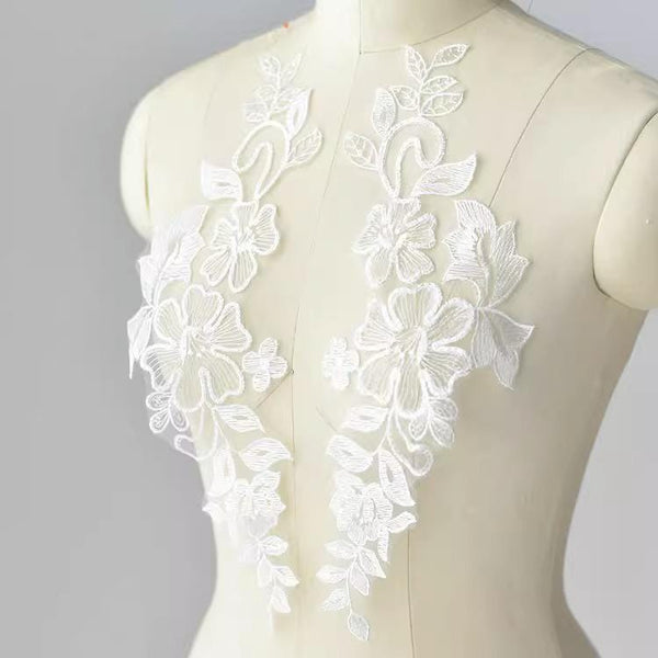 Embroidered Floral Lace Applique Pair: Bridal Gown Embellishment