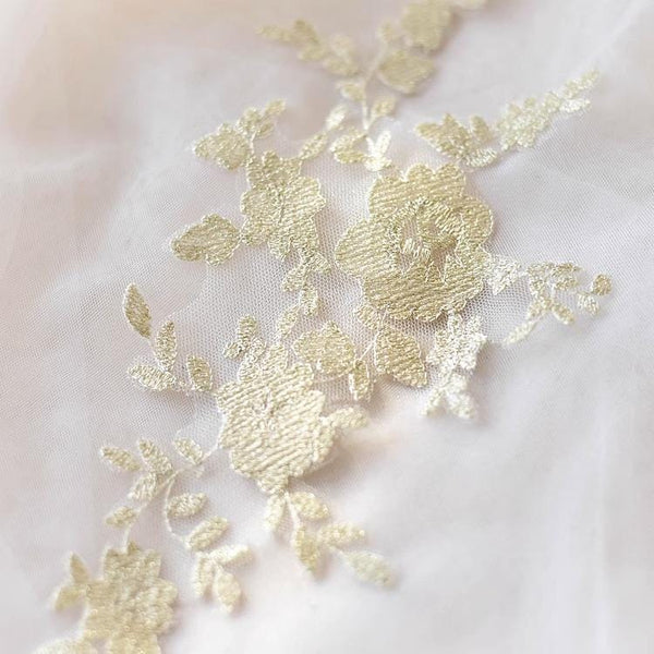 Embroidered Floral Lace Applique Pair: Bridal Gown Embellishment (5x11 in)