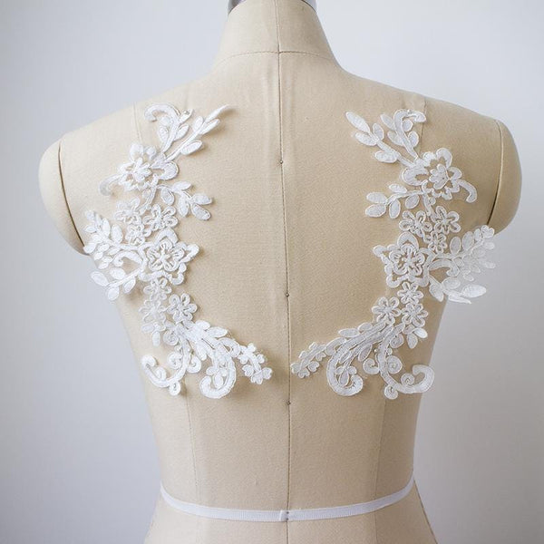 Bridal Lace Applique Pair: Embroidered Wedding Gown Embellishment