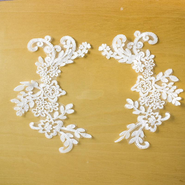 Bridal Lace Applique Pair: Embroidered Wedding Gown Embellishment