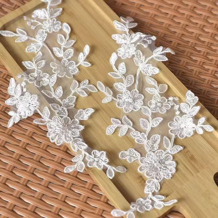 Bridal Lace Applique Pair: Floral Embroidery for Wedding Gown