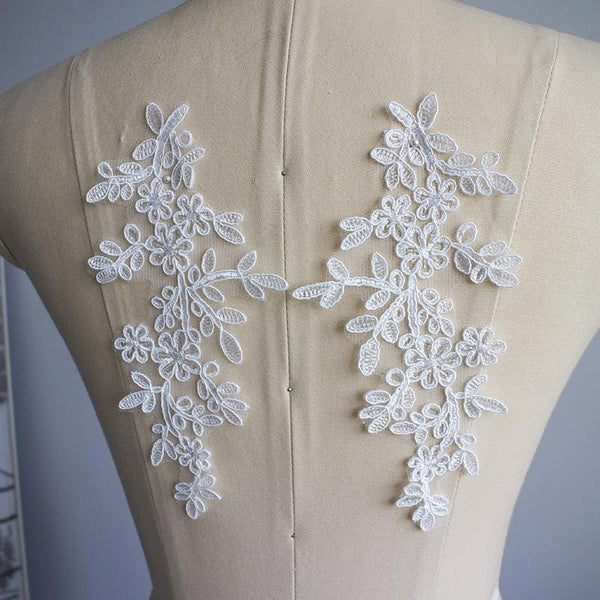 Embroidered Floral Lace Applique Pair: Bridal Gown Embellishment