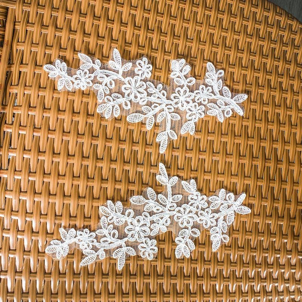 Embroidered Floral Lace Applique Pair: Bridal Gown Embellishment