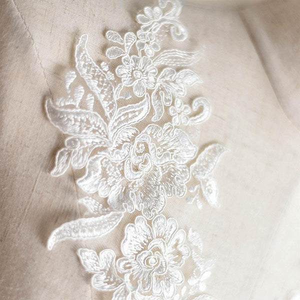 White Floral Lace Applique - Bridal Dress Trim (Pair)