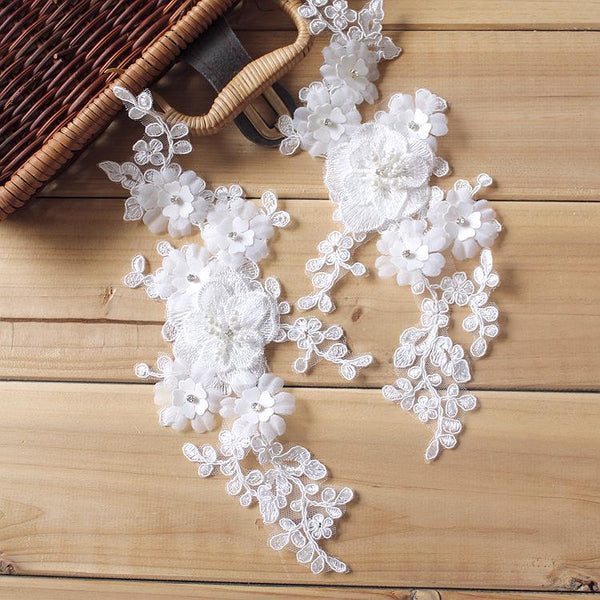 Floral Embroidered Lace Applique Pair: Bridal Gown Embellishment