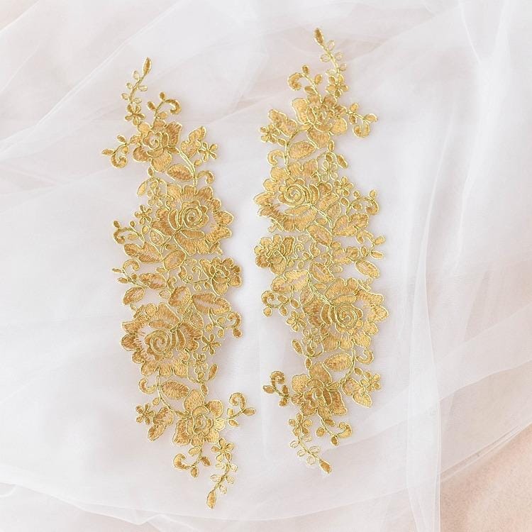 Embroidered Floral Lace Applique Pair: Bridal Gown Embellishment