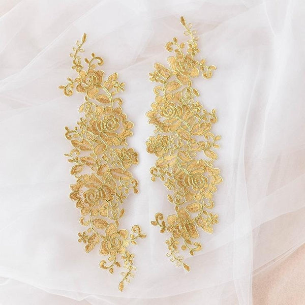 Embroidered Floral Lace Applique Pair: Bridal Gown Embellishment