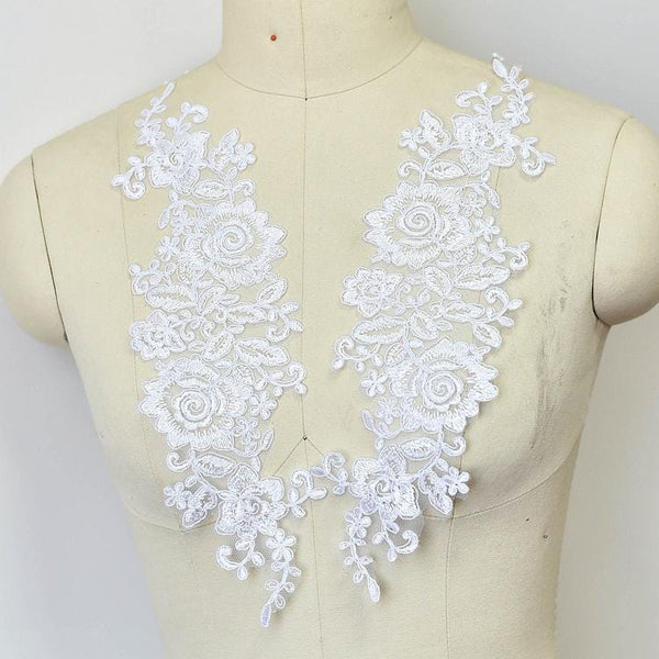 Embroidered Floral Lace Applique Pair: Bridal Gown Embellishment