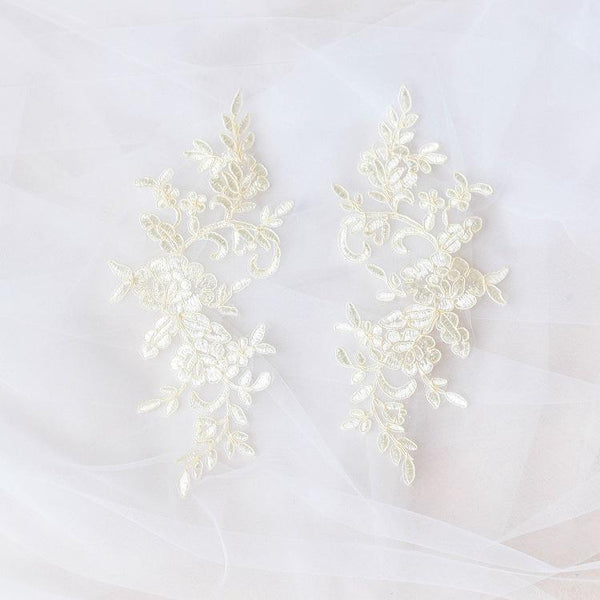 Embroidered Floral Lace Applique Pair: Bridal Gown Embellishment