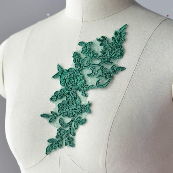 Embroidered Floral Lace Applique Pair: Bridal Gown Embellishment