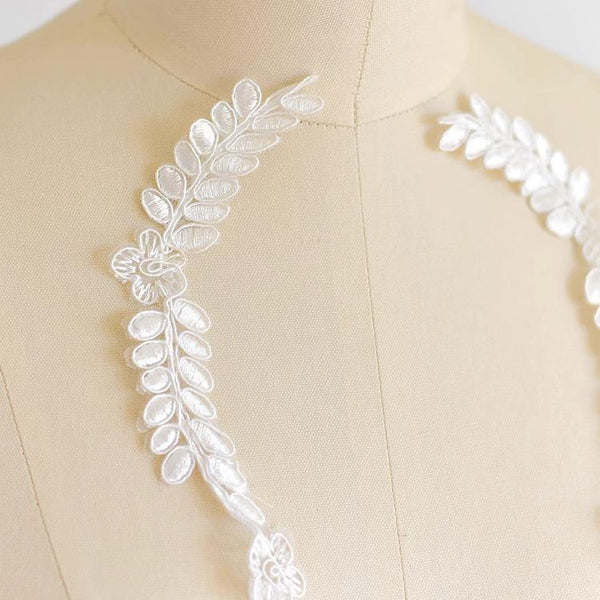 Floral Embroidered Lace Applique Pair: Bridal Gown Embellishment