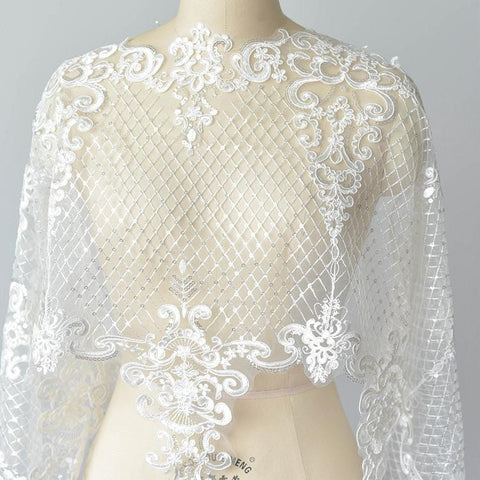White Alencon Lace Trim with Sequins: Bridal Dress Embellishment