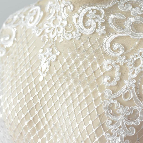 White Alencon Lace Trim with Sequins: Bridal Dress Embellishment