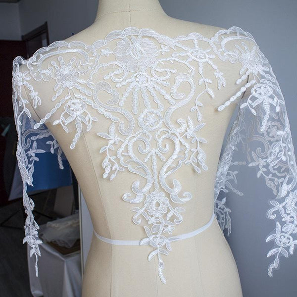 White Alencon Lace Trim with Sequins: Bridal Dress Embellishment
