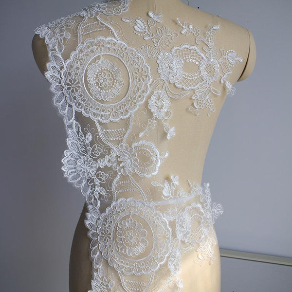 White Alencon Lace Trim with Sequins: Bridal Dress Embellishment