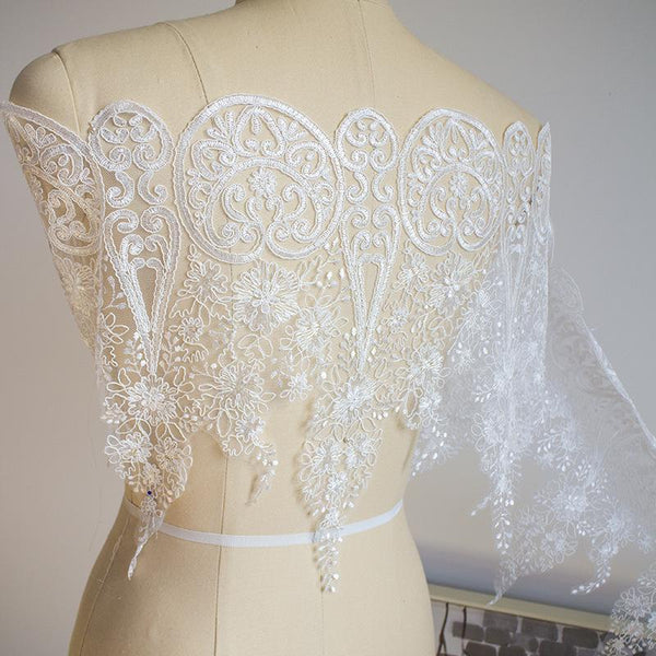 White Alencon Lace Trim with Sequins: Bridal Dress Embellishment
