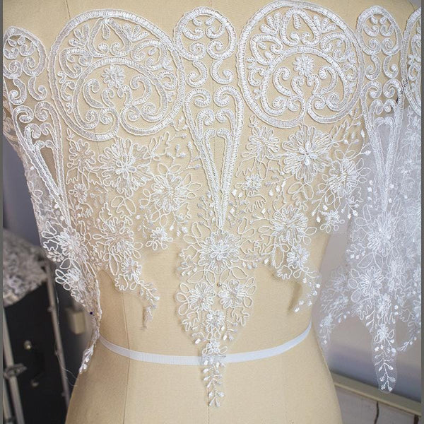 White Alencon Lace Trim with Sequins: Bridal Dress Embellishment