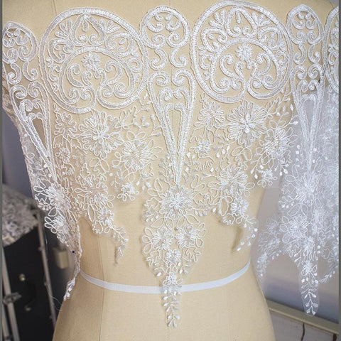 White Alencon Lace Trim with Sequins: Bridal Dress Embellishment