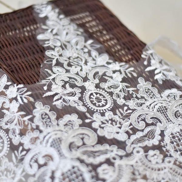 White Alencon Lace Trim with Sequins: Bridal Dress Embellishment