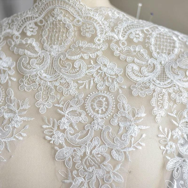 White Alencon Lace Trim with Sequins: Bridal Dress Embellishment