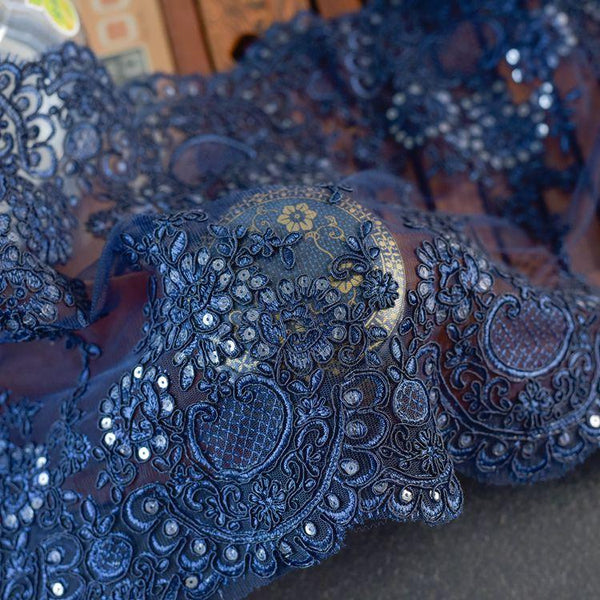 White Alencon Lace Trim with Sequins: Bridal Dress Embellishment