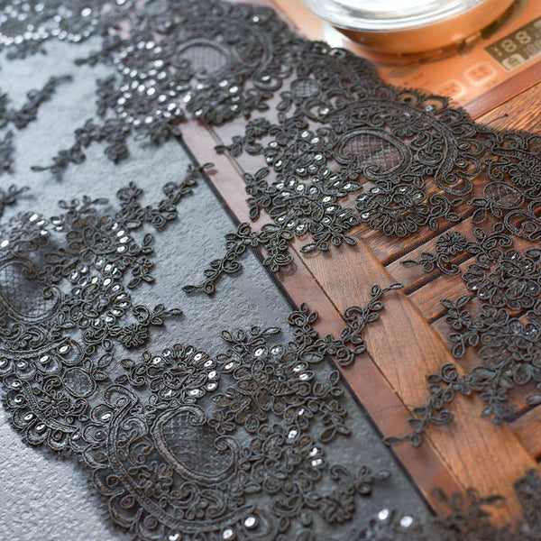 White Alencon Lace Trim with Sequins: Bridal Dress Embellishment