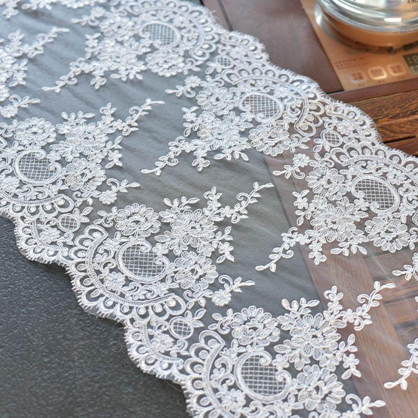 White Alencon Lace Trim with Sequins: Bridal Dress Embellishment
