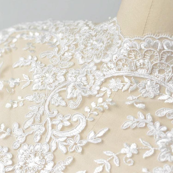 White Alencon Lace Trim with Sequins: Bridal Dress Embellishment