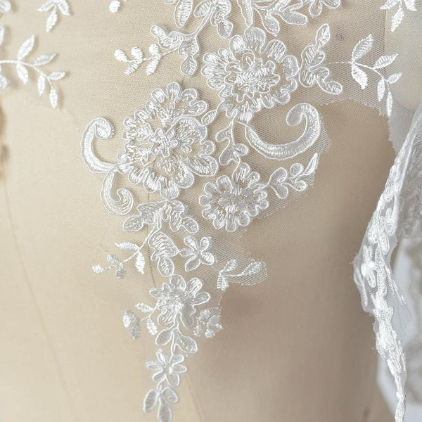 White Alencon Lace Trim with Sequins: Bridal Dress Embellishment