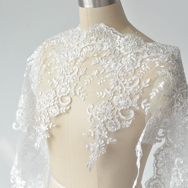 White Alencon Lace Trim with Sequins: Bridal Dress Embellishment
