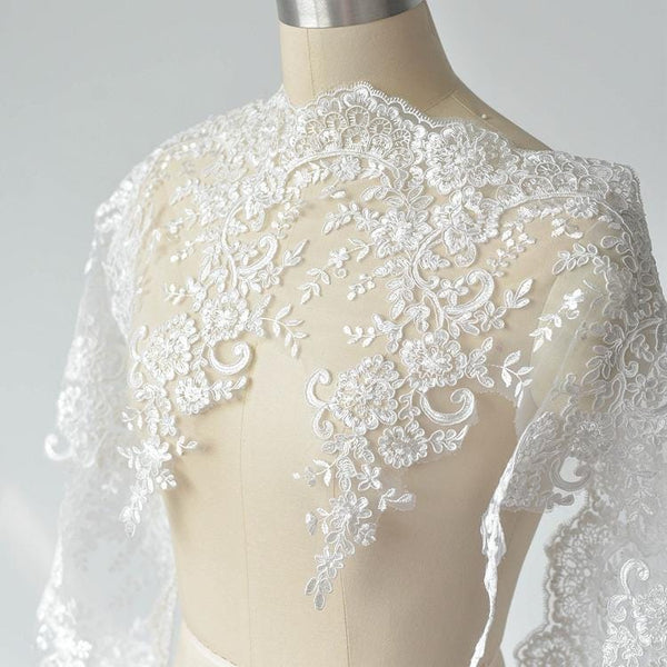 White Alencon Lace Trim with Sequins: Bridal Dress Embellishment