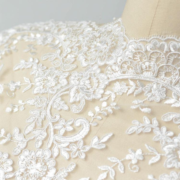 White Alencon Lace Trim with Sequins: Bridal Dress Embellishment