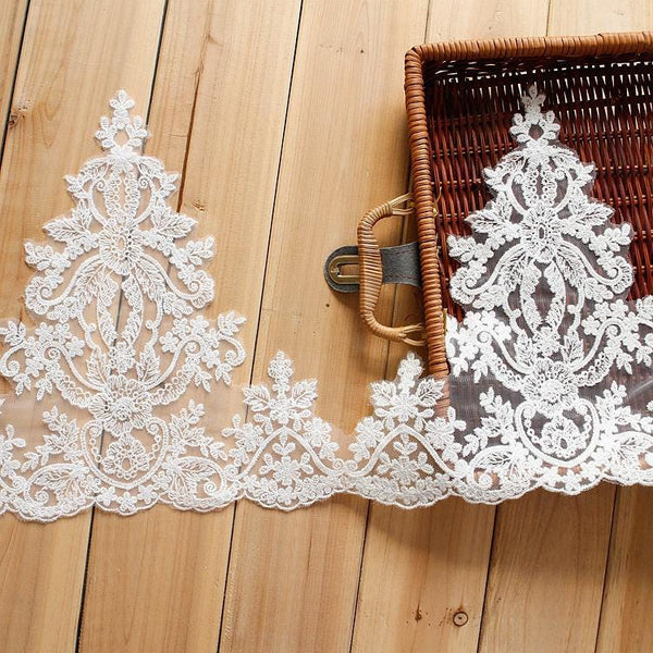 White Alencon Lace Trim: Bridal Wedding Dress Fabric, 11-inch