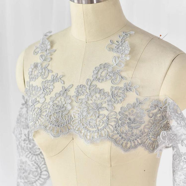 White Alencon Lace Trim: Bridal Wedding Dress Fabric (10 5/8" Wide)