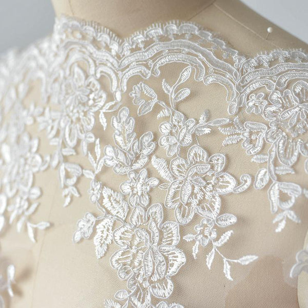 White Alencon Lace Trim with Sequins: Bridal Dress Embellishment