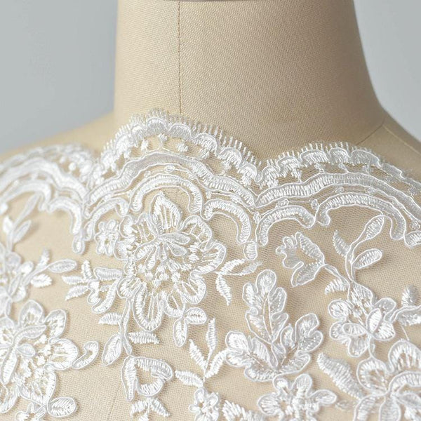 White Alencon Lace Trim with Sequins: Bridal Dress Embellishment