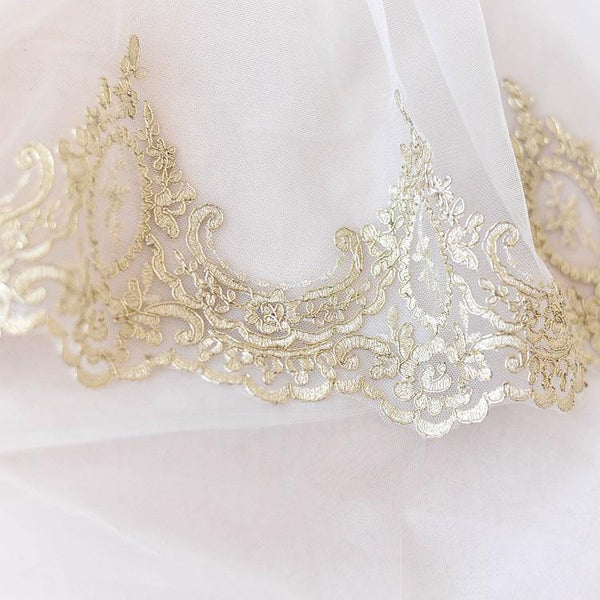 White Alencon Lace Trim with Sequins: Bridal Dress Embellishment
