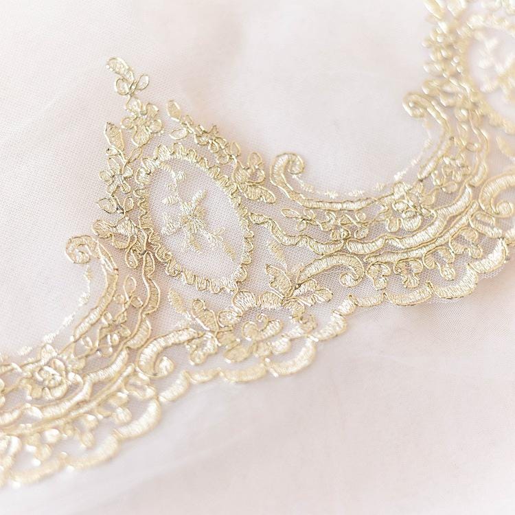 White Alencon Lace Trim with Sequins: Bridal Dress Embellishment