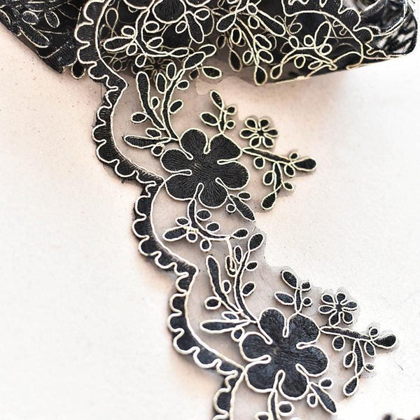 Black & Gold Alencon Bridal Lace Trim: Elegant Dress Embellishment