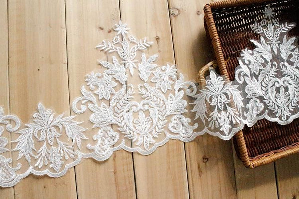 Alencon Lace Trim - White Embroidered Mesh Lace for Bridal Dress, Wedding Decor, Craft & Sewing Projects