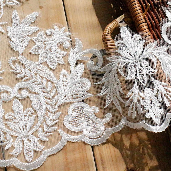 Alencon Lace Trim - White Embroidered Mesh Lace for Bridal Dress, Wedding Decor, Craft & Sewing Projects