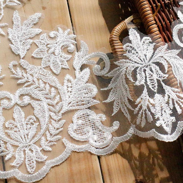 Alencon Lace Trim - White Embroidered Mesh Lace for Bridal Dress, Wedding Decor, Craft & Sewing Projects