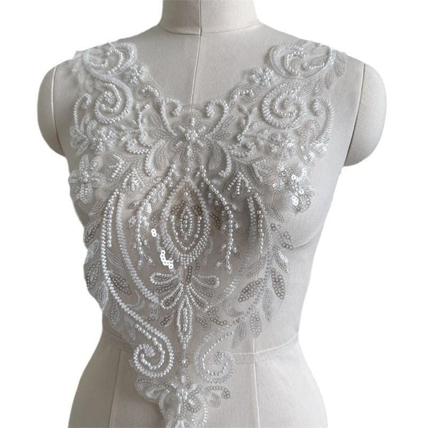 Beaded Lace Wedding Dress Applique: Elegant Bridal Bodice Trim