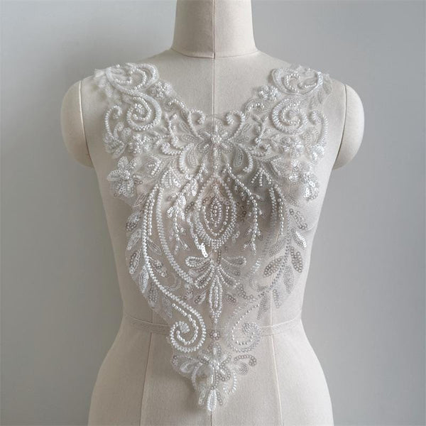 Beaded Lace Wedding Dress Applique: Elegant Bridal Bodice Trim