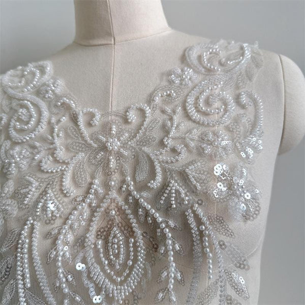 Beaded Lace Wedding Dress Applique: Elegant Bridal Bodice Trim