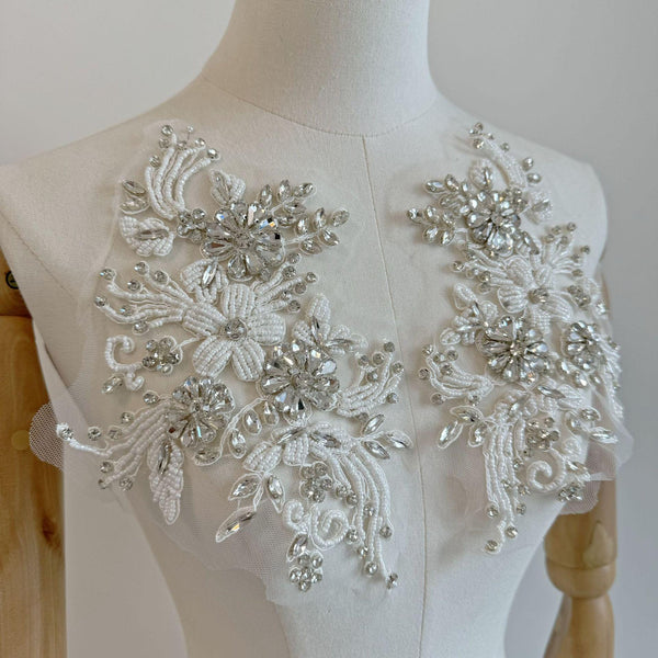 Beaded Lace Applique Pair: Elegant Bridal Bodice Trim